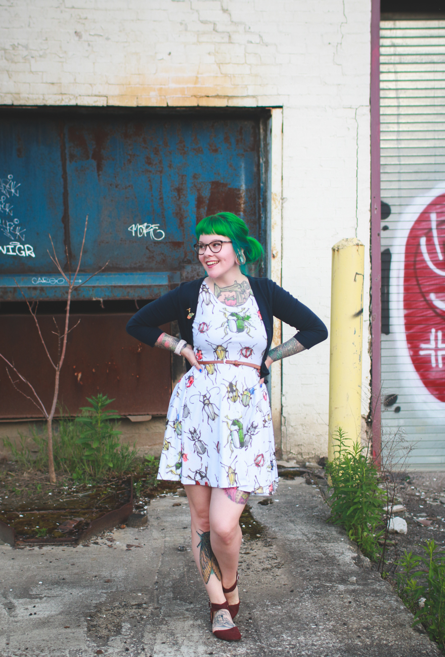 kaylah doolan, beetle dress, bug dress, cowcow, green hair