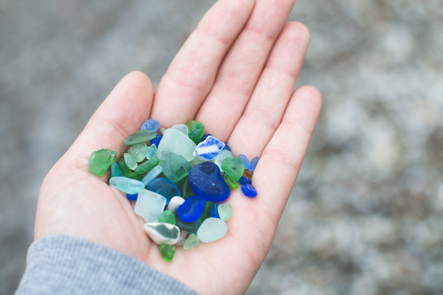 handful of blue and green beach glass