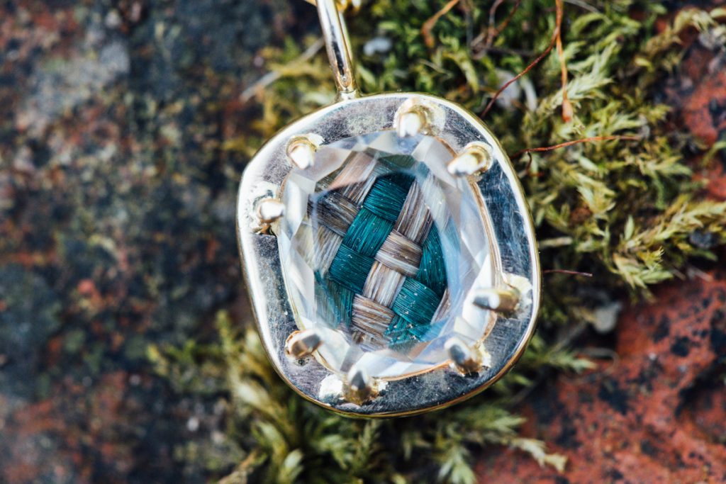 hairwork necklace with green and brown hair